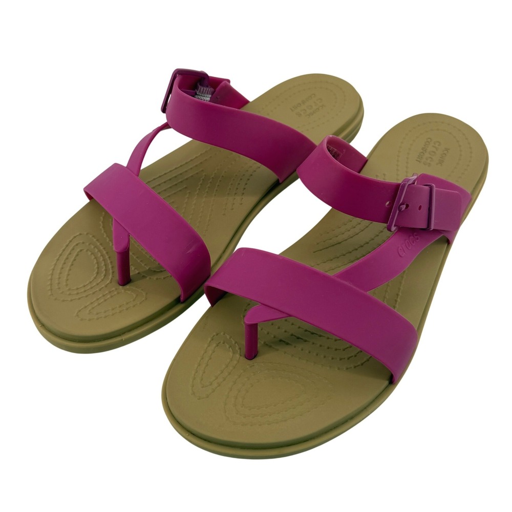 Crocs Tulum Toe Post Sandal Flip Flop Fuchsia Pink Tan Women 10 Buckle Straps